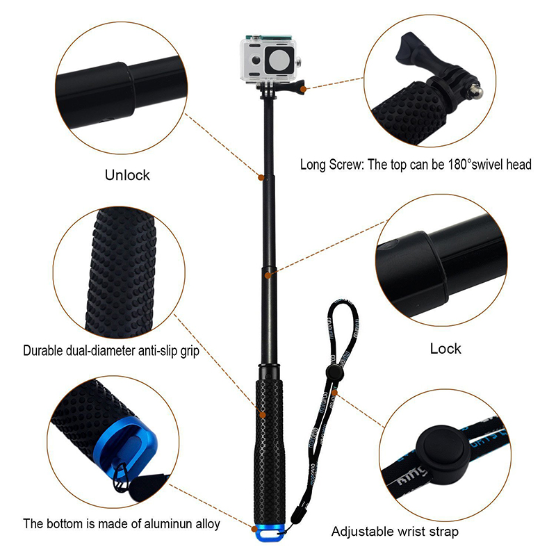 Handheld Extendable Pole Monopod Selfi Sticker with Screw for GoPro Hero 4/3+/3/2 - Blue
