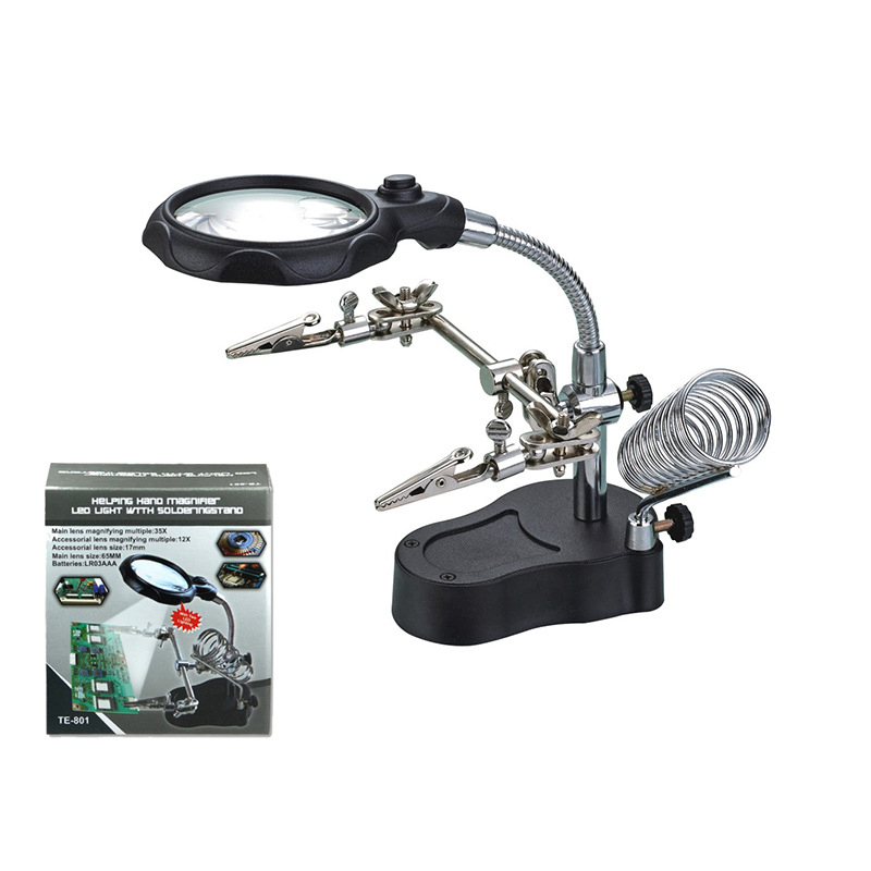 Adjustable Hand Clip Stand LED 3.5X 12X Magnifying Glass Magnifier