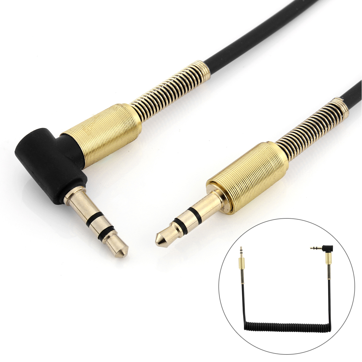 3.5mm Spiral Spring Relief Right Angle 90 Degree AUX Stereo Audio Cable - Black