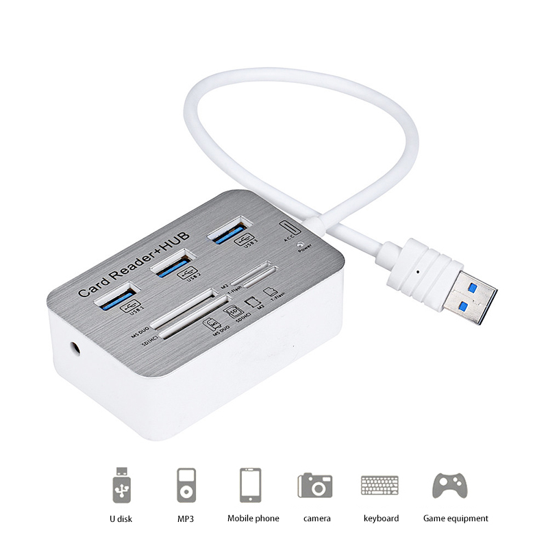 3 Port USB 3.0 Aluminum Hub Adapter with MS SD M2 TF Card Reader Function