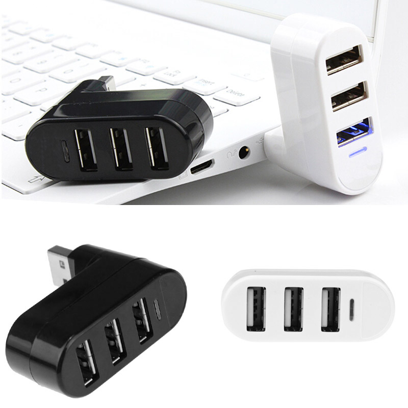 3 Ports USB 2.0 Mini Rotate Cable Splitter Hubs Adapters for PC Notebook - Black
