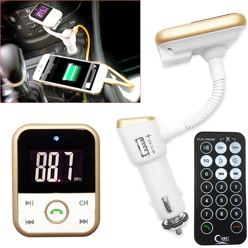 Wireless Bluetooth MP3 Player Car Charger with FM Transmitter - Gold