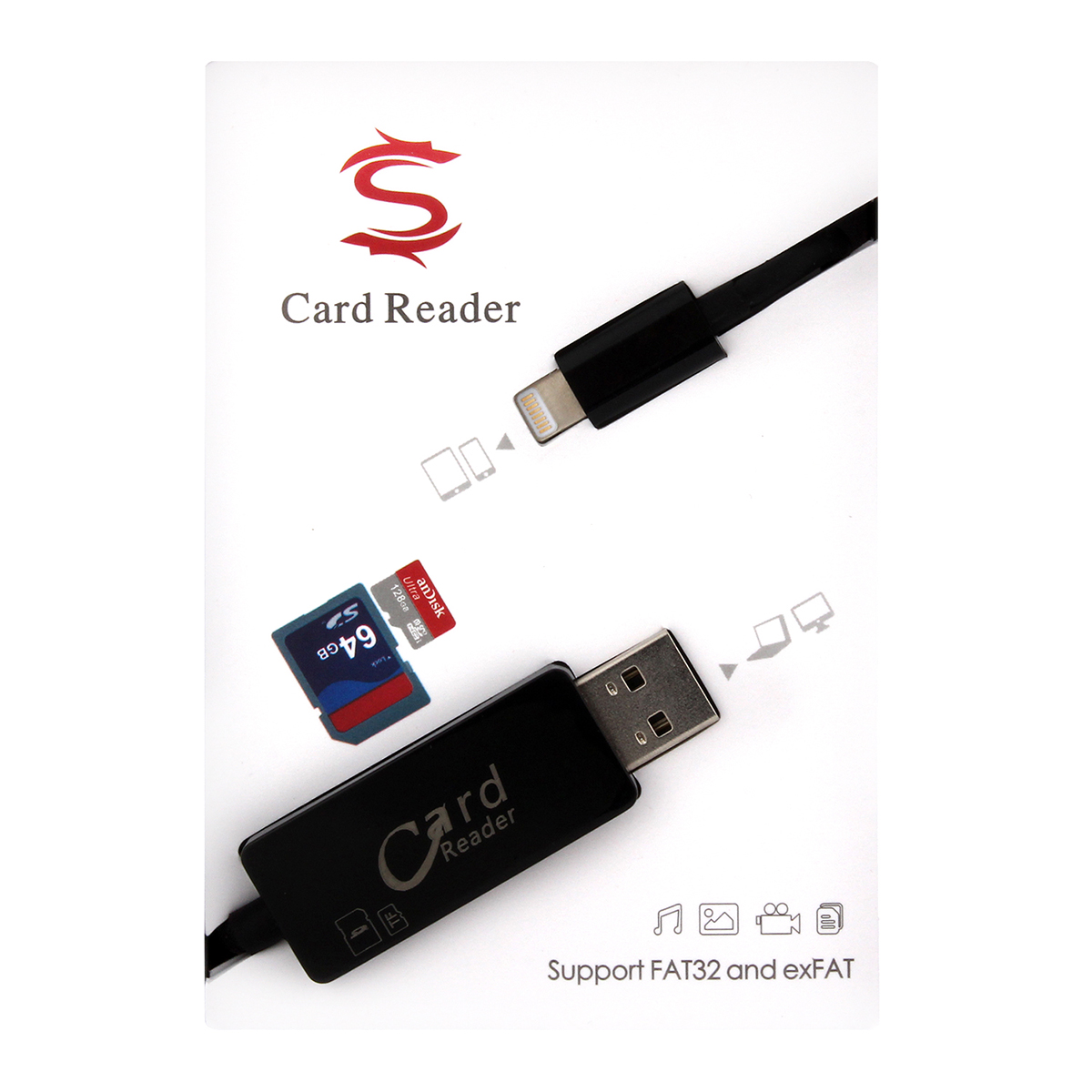 2 in 1 TF Micro SD Card Reader Charging Cable for iPhone 5 6 6S Plus - Black