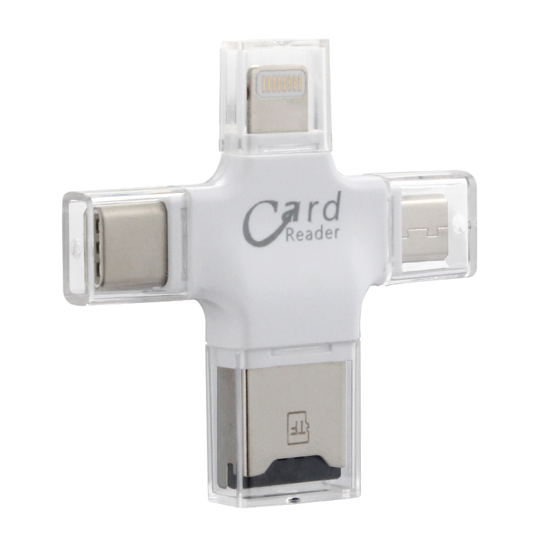 4 in 1 OTG Flash Memory Card Reader for 8 pin Android Type C USB Devices - White