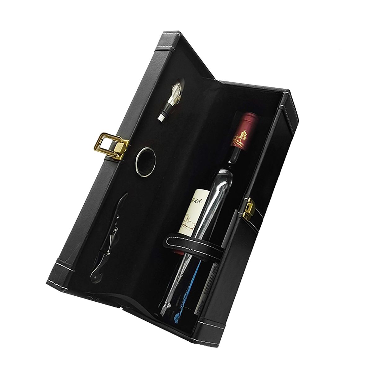 1 Bottle Modern Black Top Handle Travel Wine Carrier Case with Wine Accessory Set