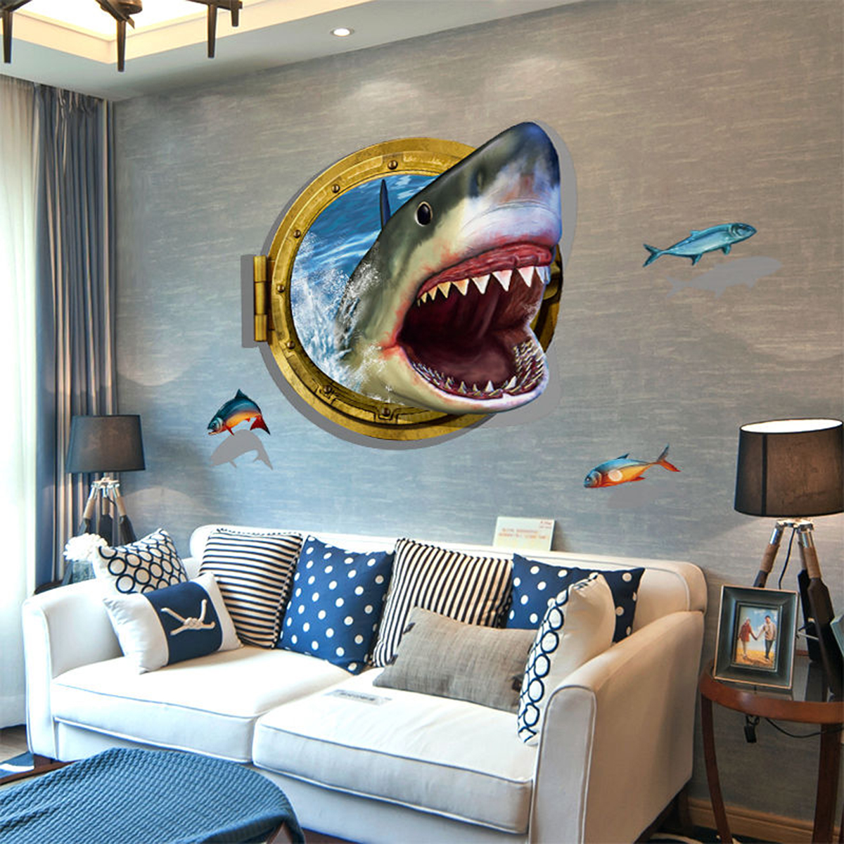 3D Shark Swim in Submarine Window Bedroom Art Wall Sticker