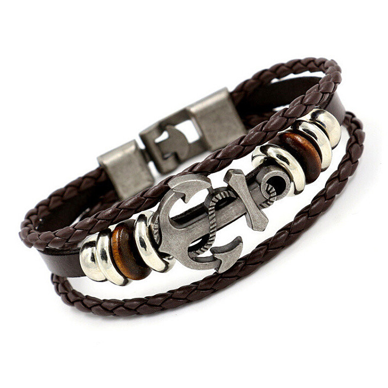 Antique Pewter Anchor Punk Men's Bracelet PU Leather - Brown