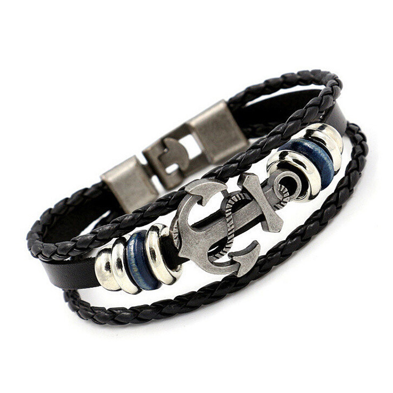 Antique Pewter Anchor Punk Men's Bracelet PU Leather - Black