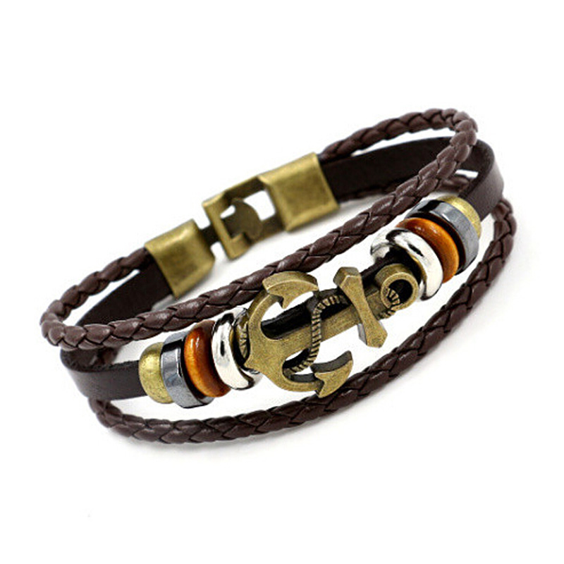 Bronze Anchor Punk Men's Bracelet PU Leather - Brown