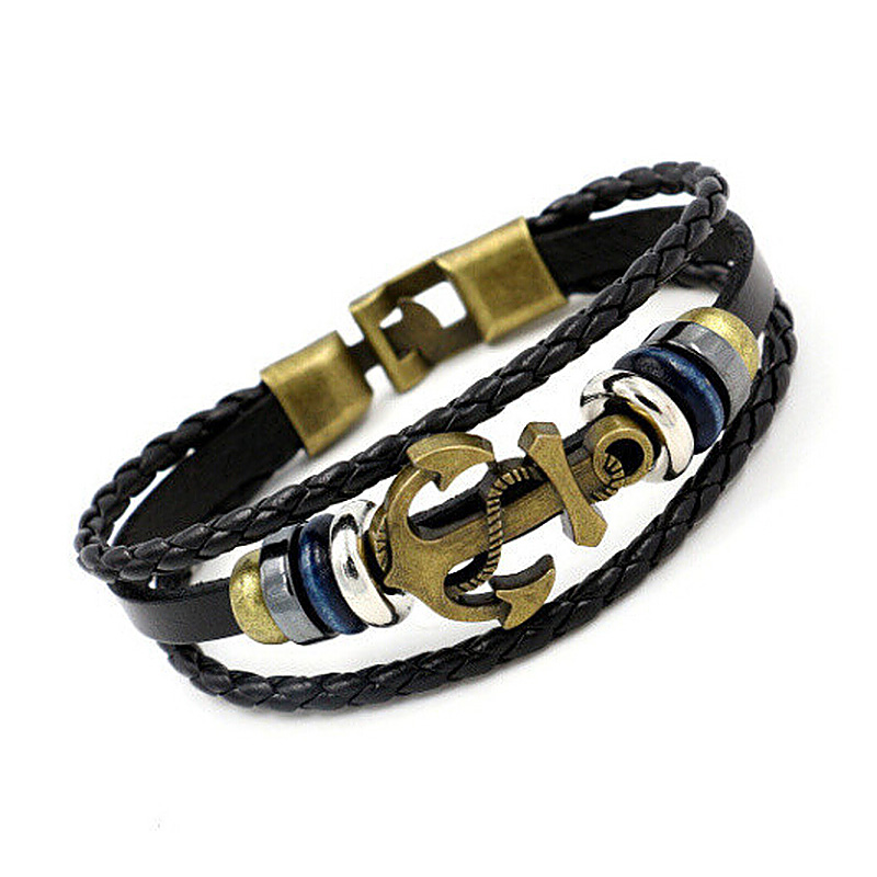 Bronze Anchor Punk Men's Bracelet PU Leather - Black