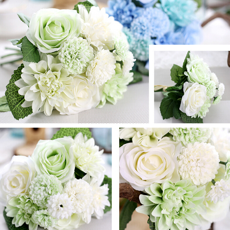 Simulation Artificial Silk Rose Bouquet for Wedding Home Decoration - White + Green