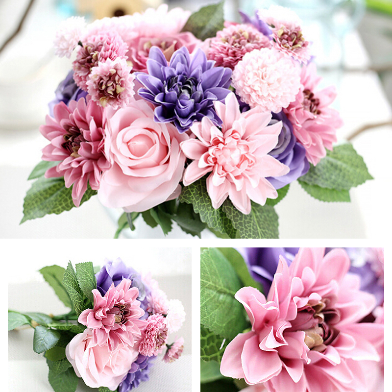 Simulation Artificial Silk Rose Bouquet for Wedding Home Decoration - Pink + Purple