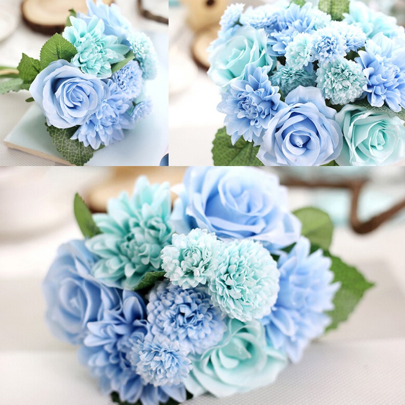 Simulation Artificial Silk Rose Bouquet for Wedding Home Decoration - Blue