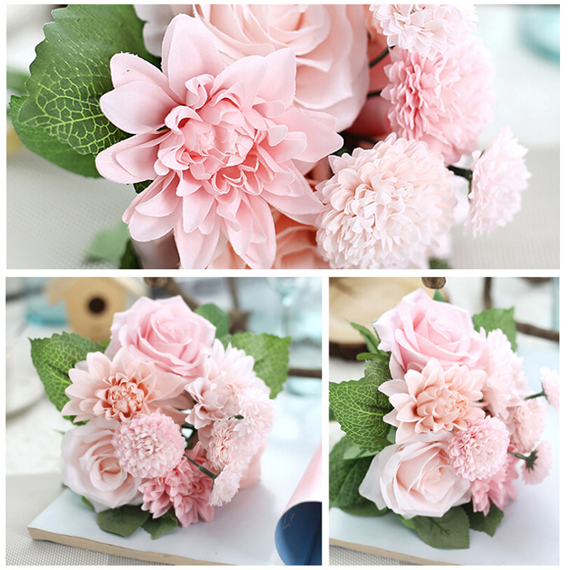 Simulation Artificial Silk Rose Bouquet for Wedding Home Decoration - Pink