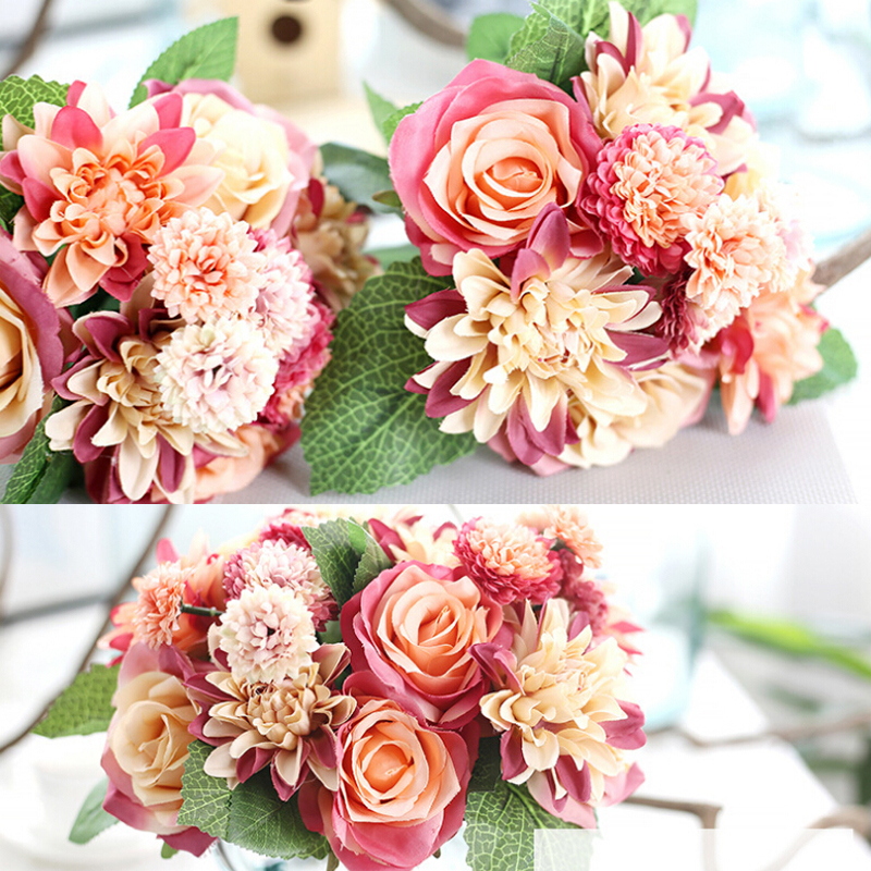 Simulation Artificial Silk Rose Bouquet for Wedding Home Decoration - Red + Pink
