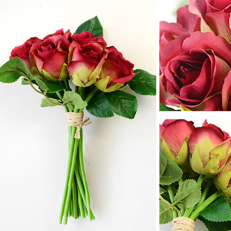 25 *16cm Artificial Rose Flowers Fake Floral for Valentines Wedding - Wine Red