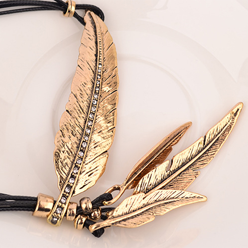 Vintage Multi-layer Black Braided Gold-Plated Feather Leaf Chain Necklace - Gold