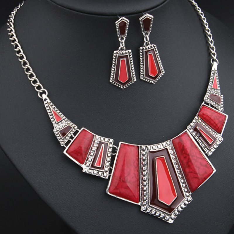 Womens' Vintage Geometry Type Earrings and Necklace Set Fake Stones - Red