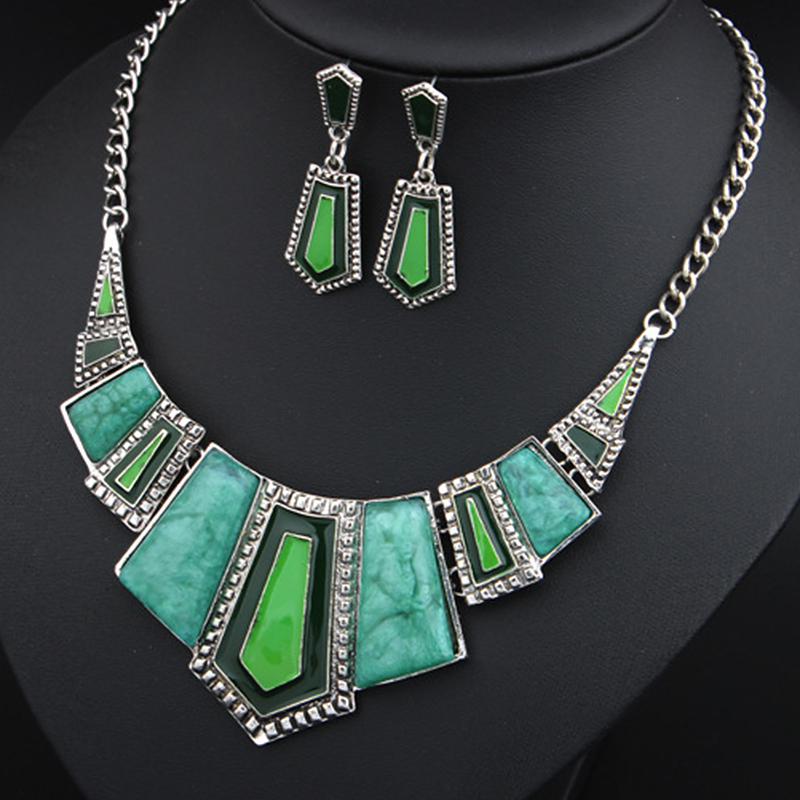 Womens' Vintage Geometry Type Earrings and Necklace Set Fake Stones - Green