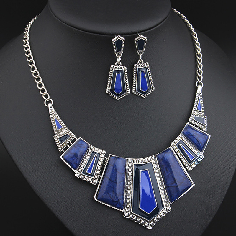 Womens' Vintage Geometry Type Earrings and Necklace Set Fake Stones - Blue