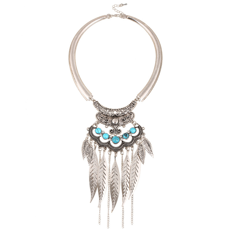 Bohemian Hollow Sweater Chain Dangling Feather Pendant Necklace - Blue