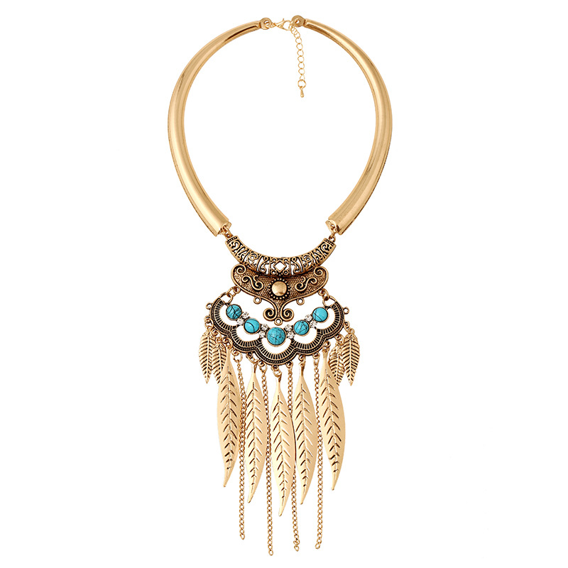 Bohemian Hollow Sweater Chain Dangling Feather Pendant Necklace - Gold