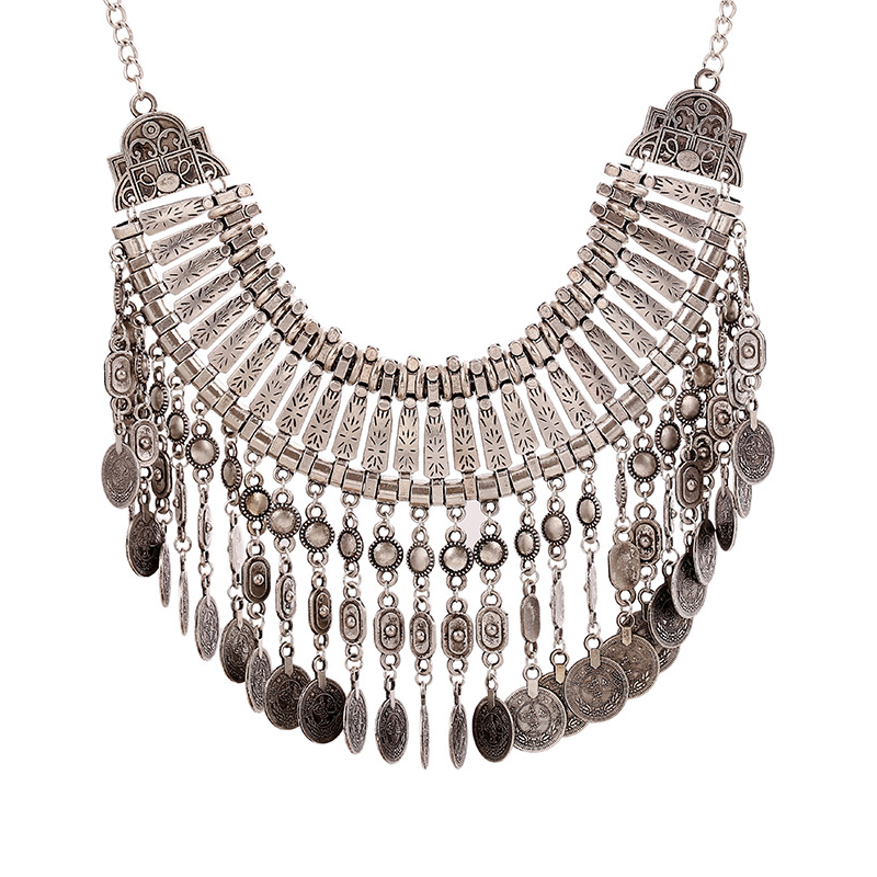 Vintage Gorgeous Cable Chain Ethnic Style Coin Tassel Necklace - Silver