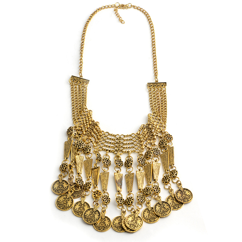 Bohemia Vintage Pandent Long Boho Statement Necklace with Coin Tassel for Women - Gold