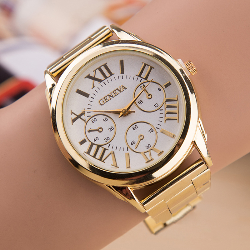Roman Numerals Gold Plated Stainless Steel Band Business Quartz Watch - White