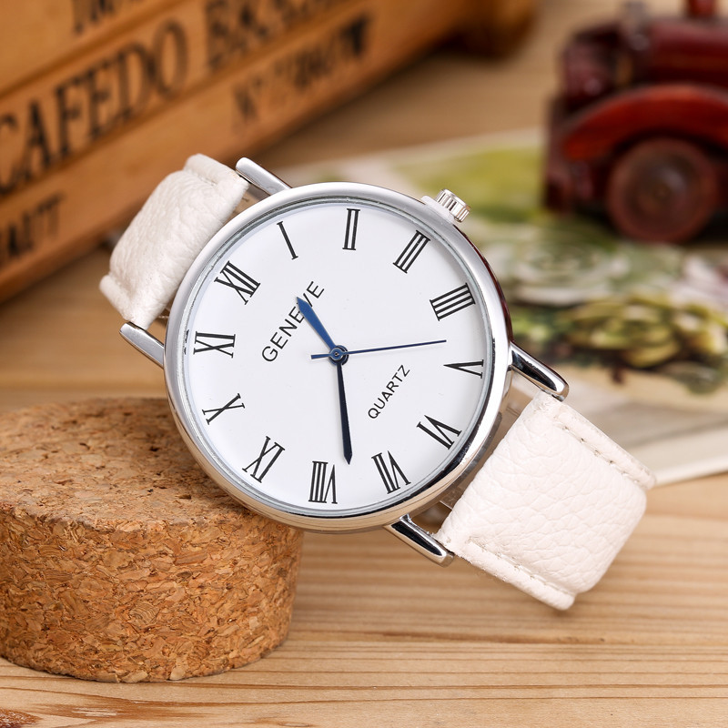 Roman Digital Leather Strap Quartz Business Casual Watch - White