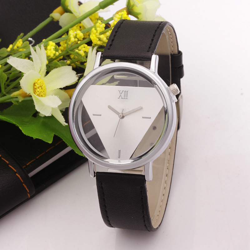 Fashion Simple Inverted Triangle Double Sided Hollow Casual Couple Watch - Black + White