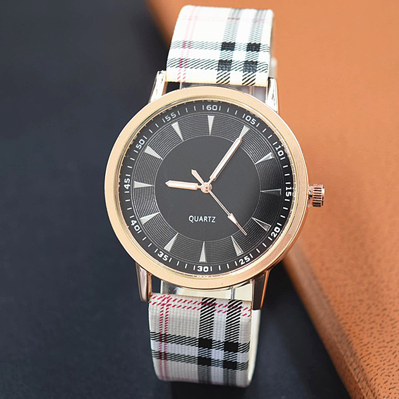 Fashion Plaid PU Leather Watchband Grid Design Casual Quartz Watch - Black