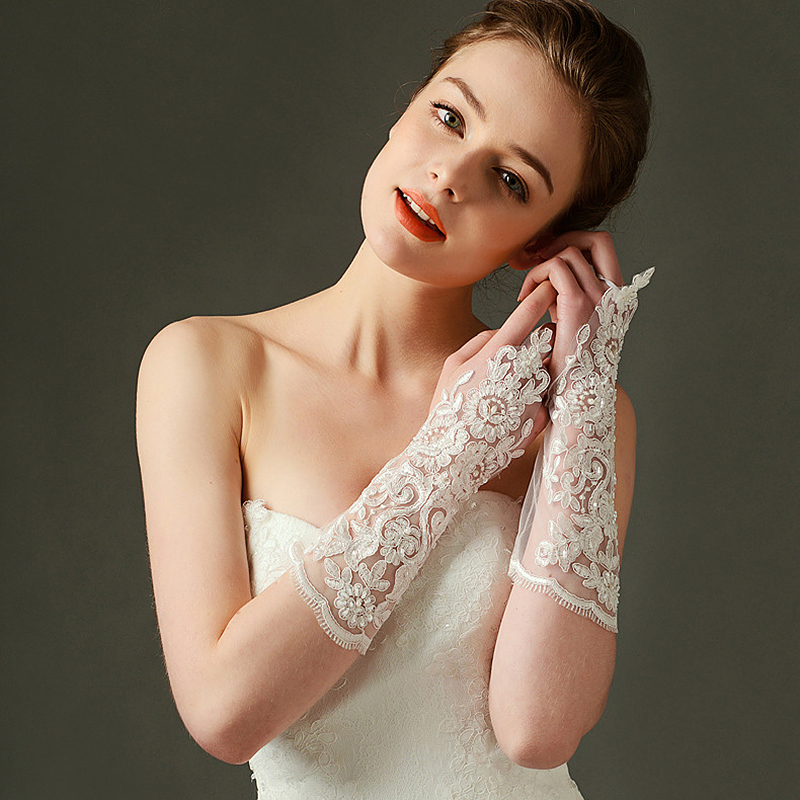 Luxury Bridal Lace Satin Beads Flower Wedding Dress Gloves
