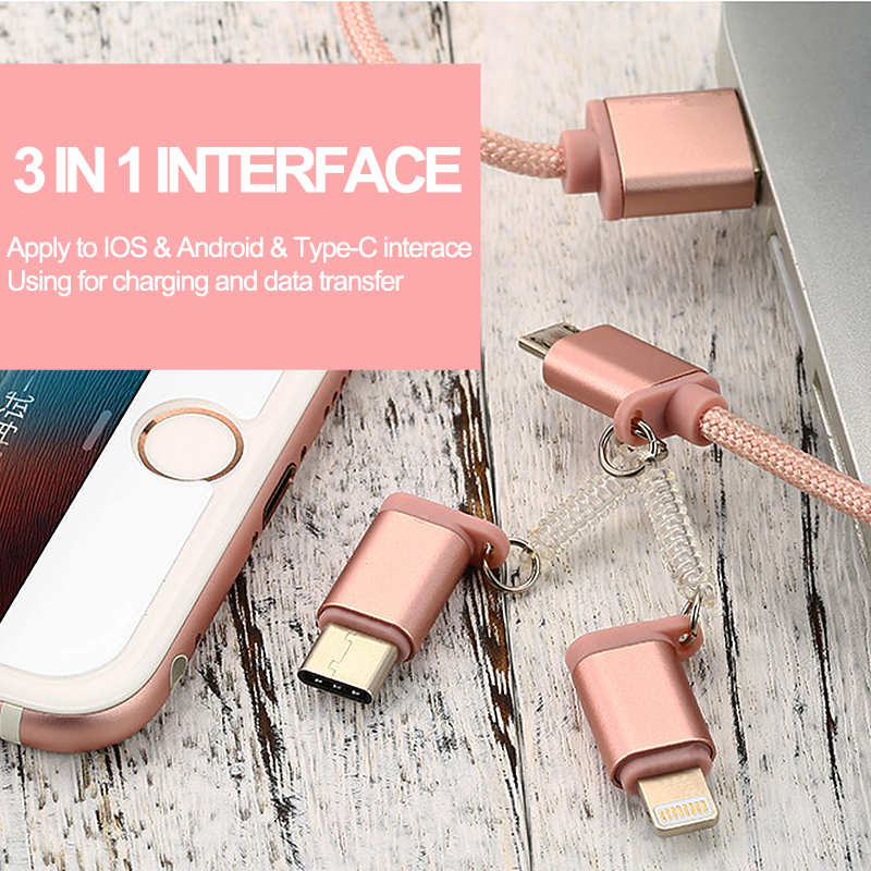 3 in 1 Knit Multifunction Charging Data Cable for IOS Android Type-C Device - Rose Gold