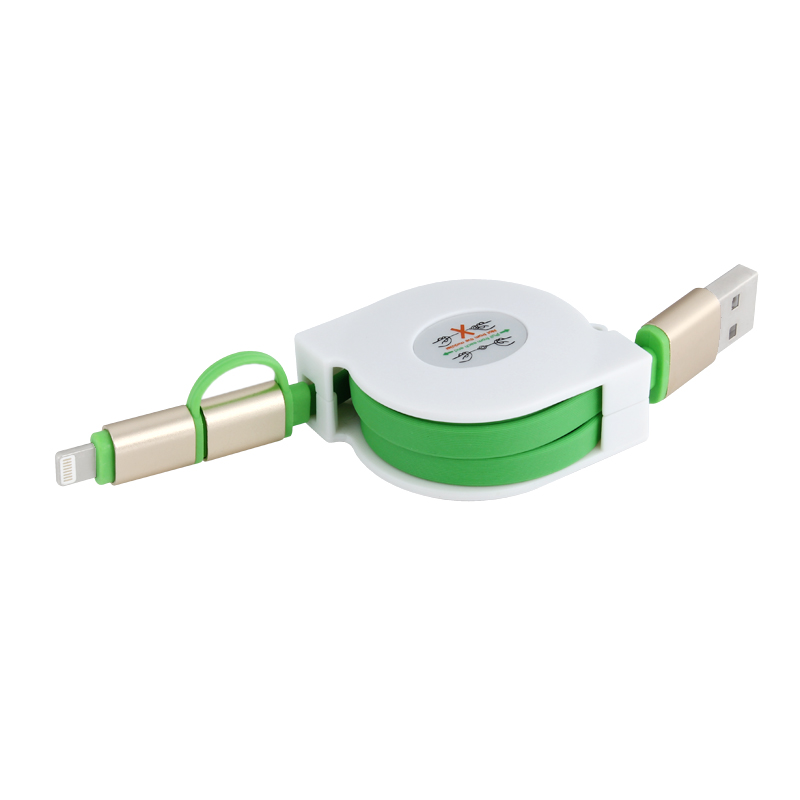 Universal Retractable 2 in 1 USB Data Cable for Android Phone iPhone - Green