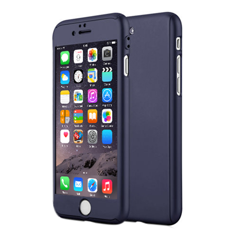 360 Full Coverage Hard Thin Case + Tempered Glass Cover for iPhone 7 - Blue
