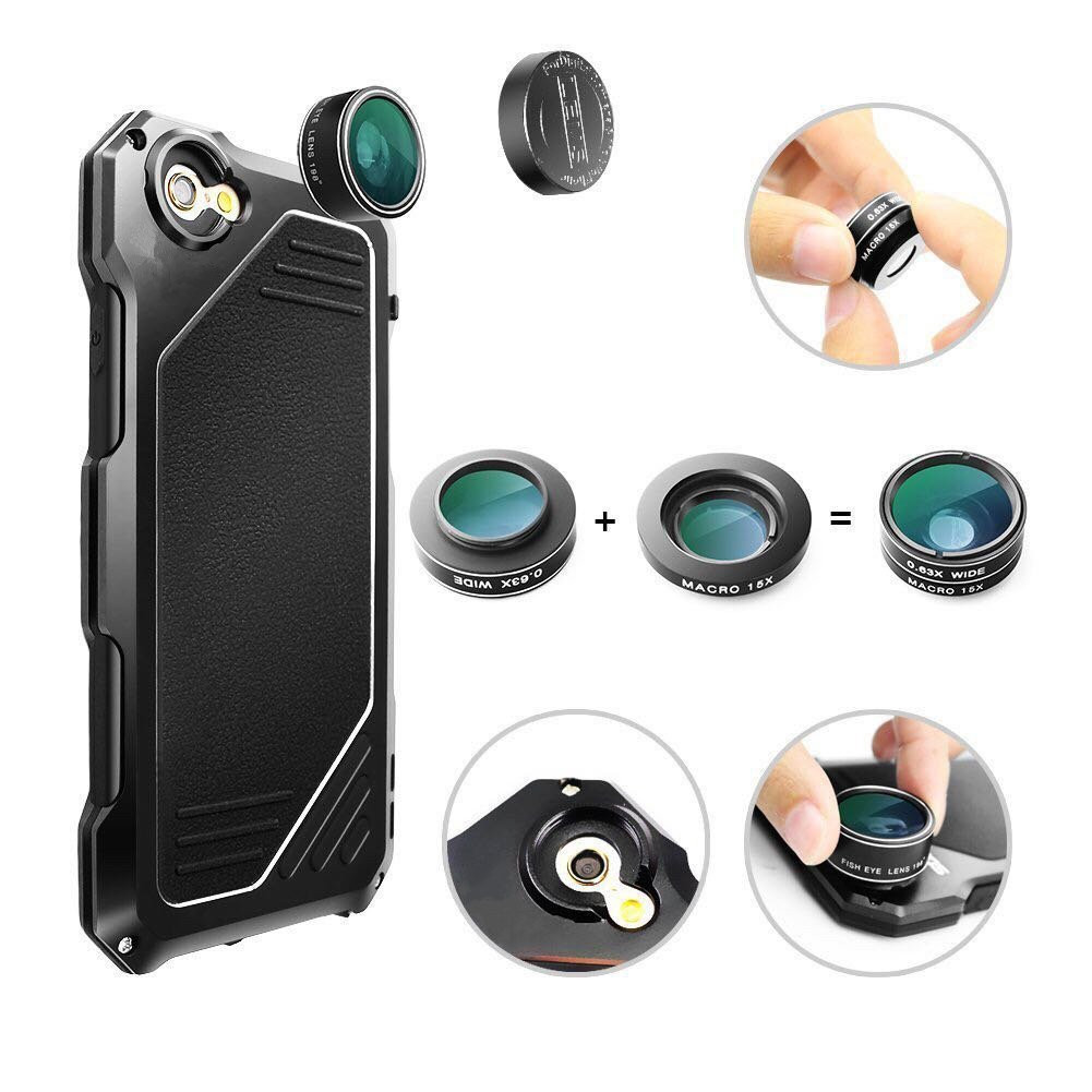 Shockproof Waterproof Glass Flim Metal Case Cover with Photo Lens for iPhone 7 - Black