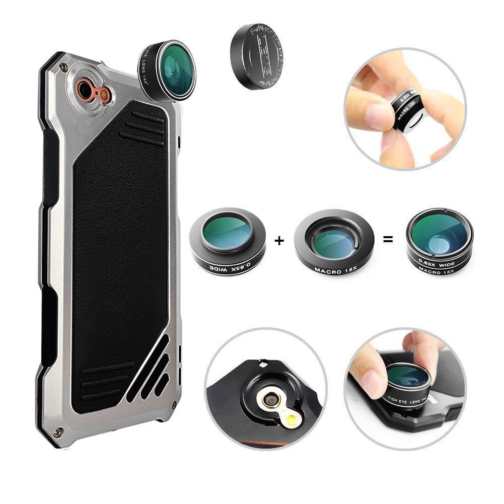 Shockproof Waterproof Glass Flim Metal Case Cover with Photo Lens for iPhone 7 - Silver