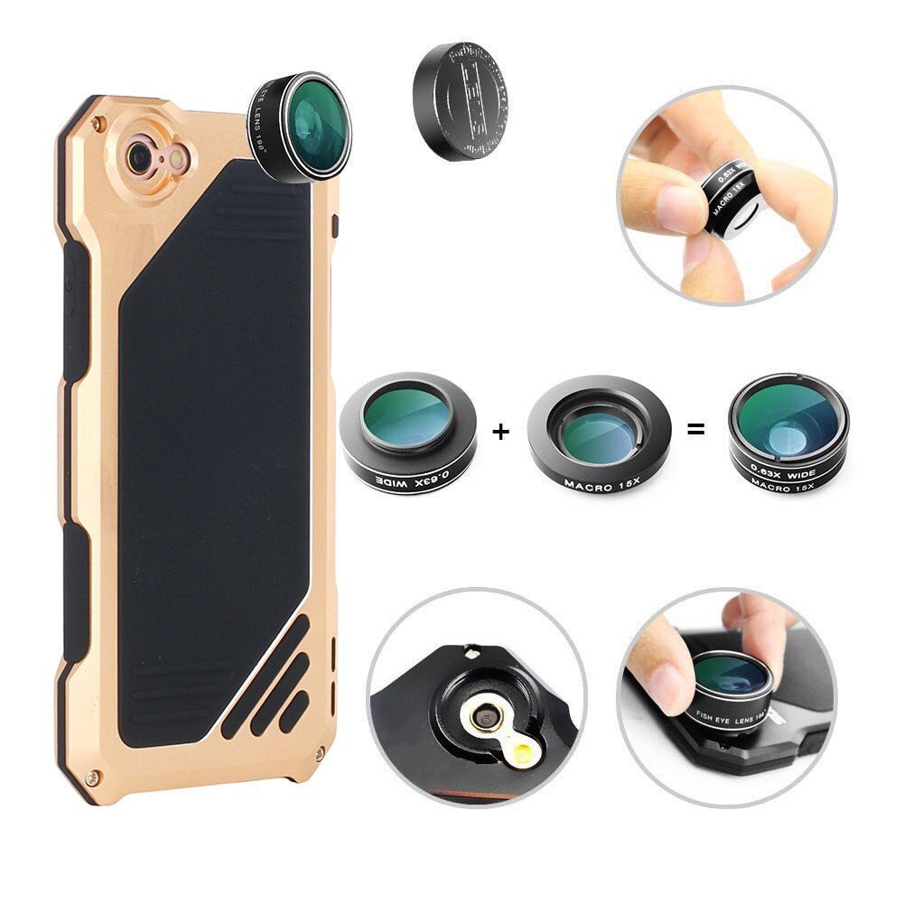 Shockproof Waterproof Glass Flim Metal Case Cover with Photo Lens for iPhone 7 - Gold
