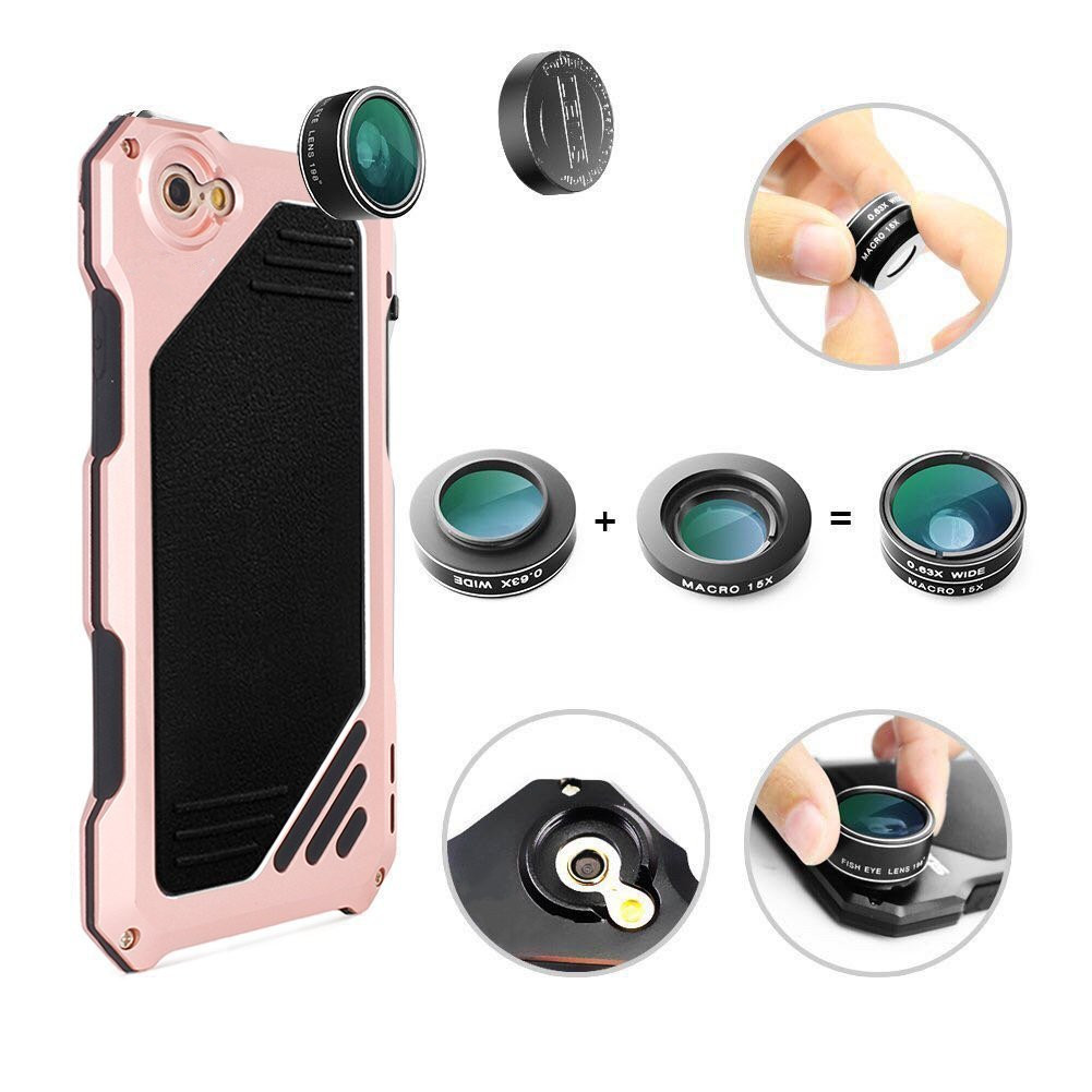 Shockproof Waterproof Glass Flim Metal Case Cover with Photo Lens for iPhone 7 - Rose Gold