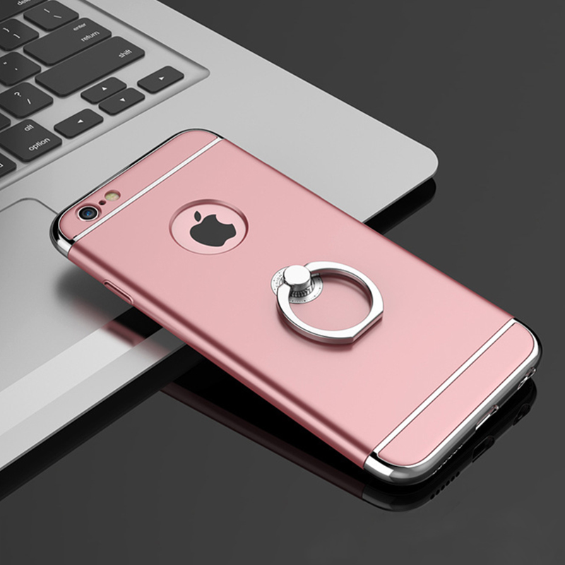 3 in 1 Frosted Hard PC Case Cover with Metal Ring Holder for iPhone 6/6S - Rose Gold