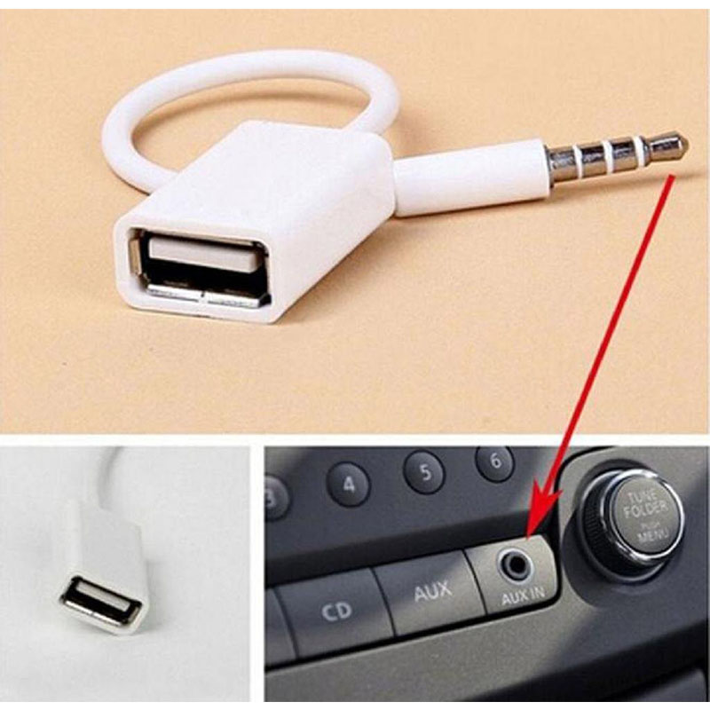 3.5mm Male AUX Audio Plug Jack to USB 2.0 Female Converter Cable White