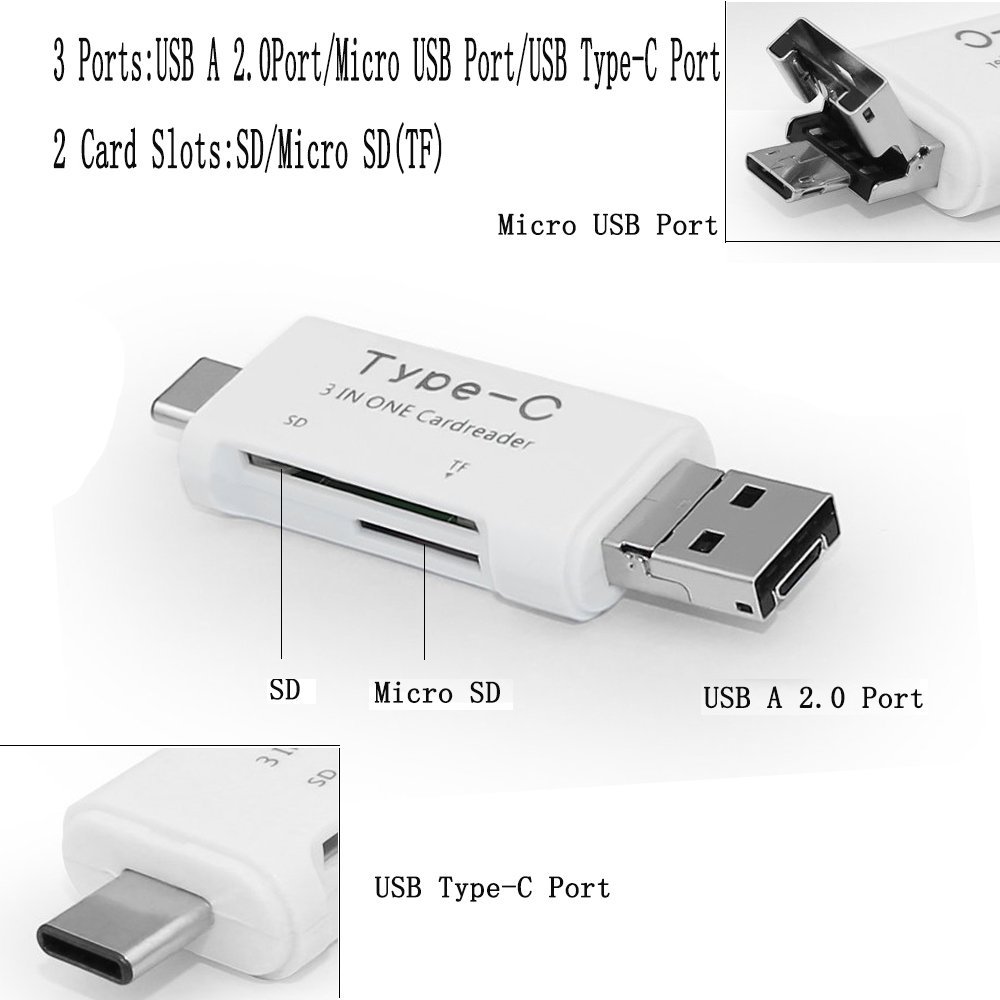 3 in 1 Android Type-C USB OTG TF SD Card Reader for Smartphones PC - White