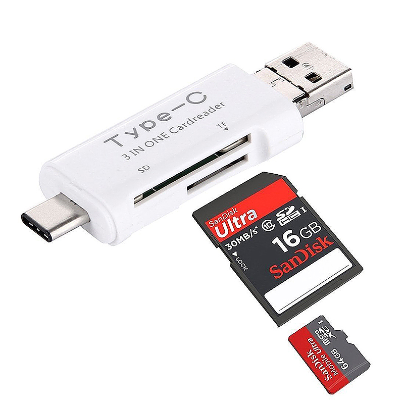 3 in 1 Android Type-C USB OTG TF SD Card Reader for Smartphones PC - White