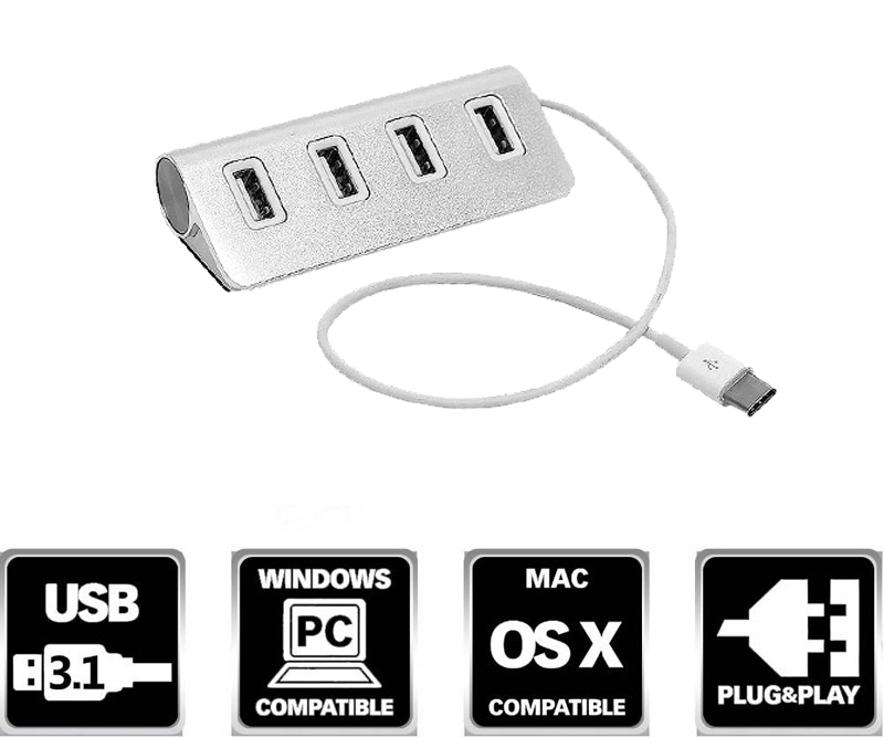 Aluminum USB 3.1 Type C to USB 2.0 4 Port Charging Hub Adapter for Macbook PC
