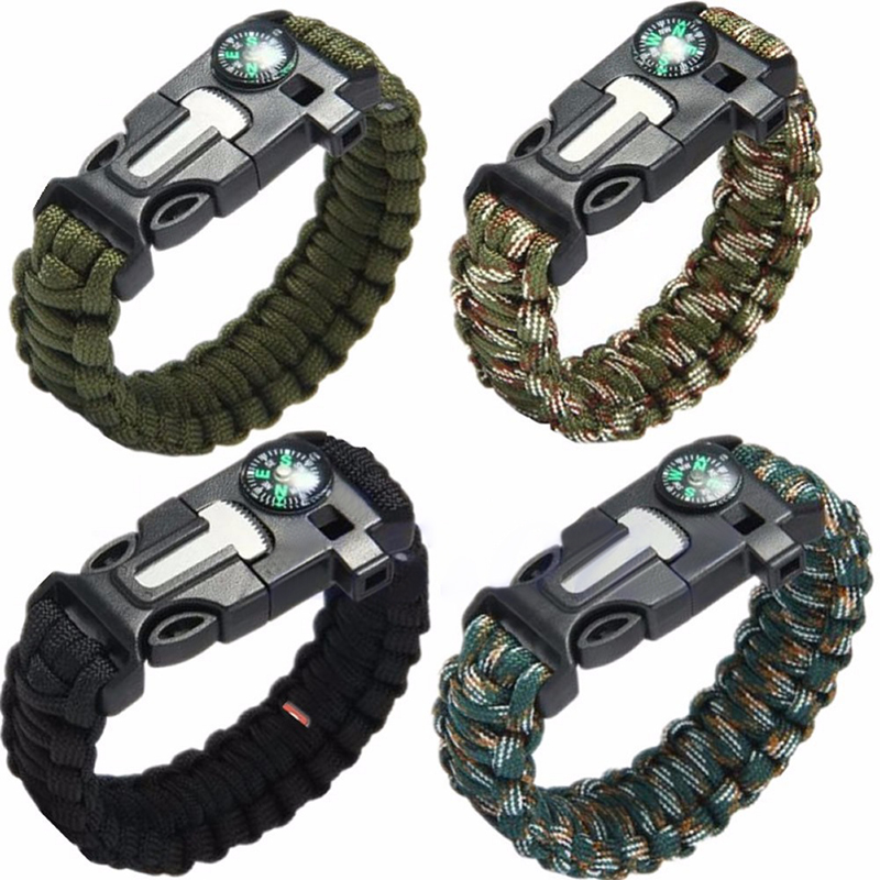 Outdoors Survival Bracelet 5 in 1 Whistle Flint Scraper Striker Compass Wristband - Black