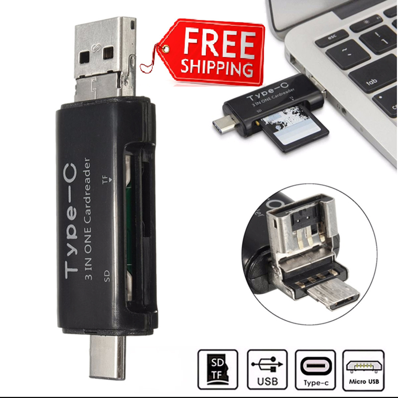 3 in 1 Android Type-C USB OTG TF SD Card Reader for Smartphones PC - Blacke