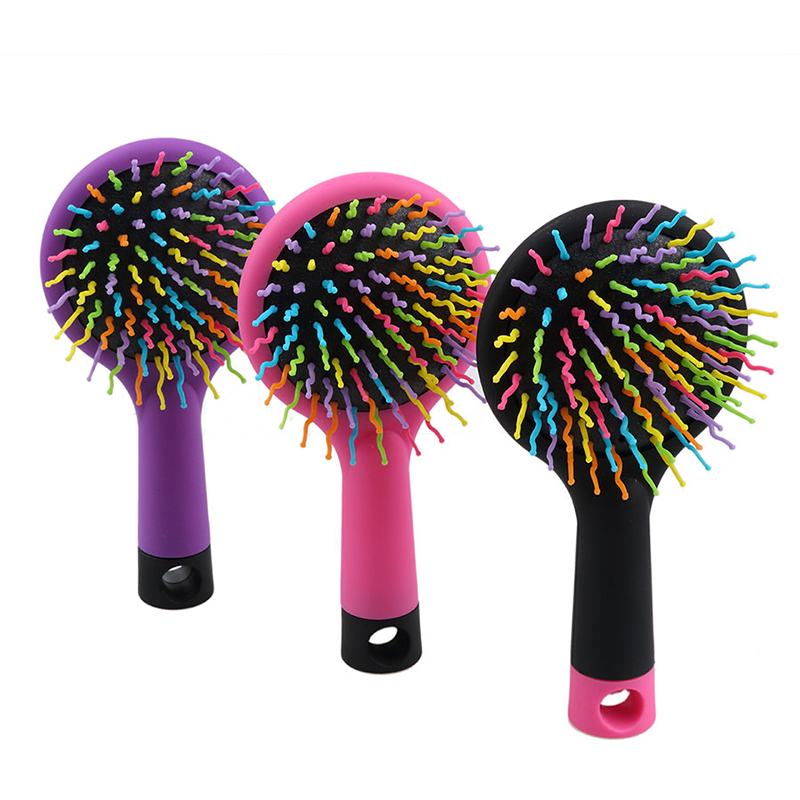 Rainbow Volume Anti-static Magic Hair Curl Massage Comb With Mirror - Pink