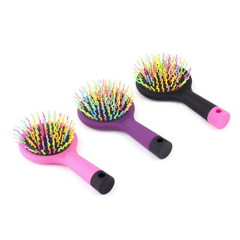 Rainbow Volume Anti-static Magic Hair Curl Massage Comb With Mirror - Pink