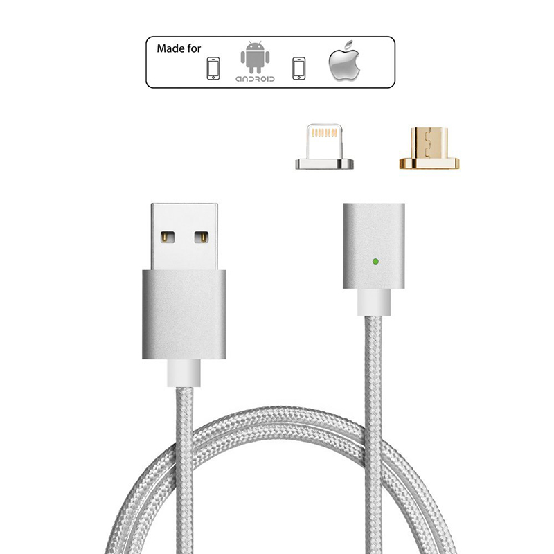 1m Magnetic Knit Woven Charge Cable Compatible with 8Pin Android V8 Magnetic Adapter - Silver